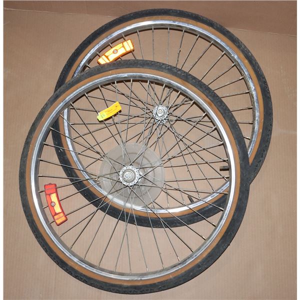 TWO BICYCLE TIRES ON RIMS