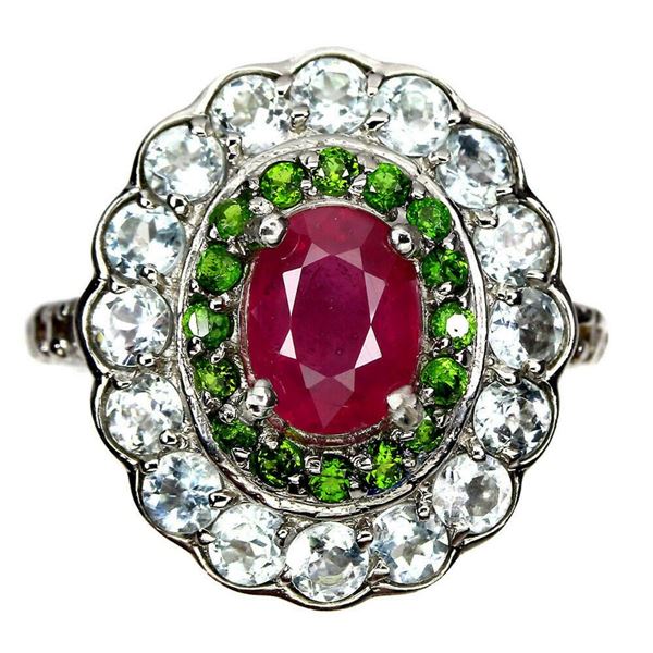 Natural  Ruby Aquamarine Chrome Diopside Sapphire Ring