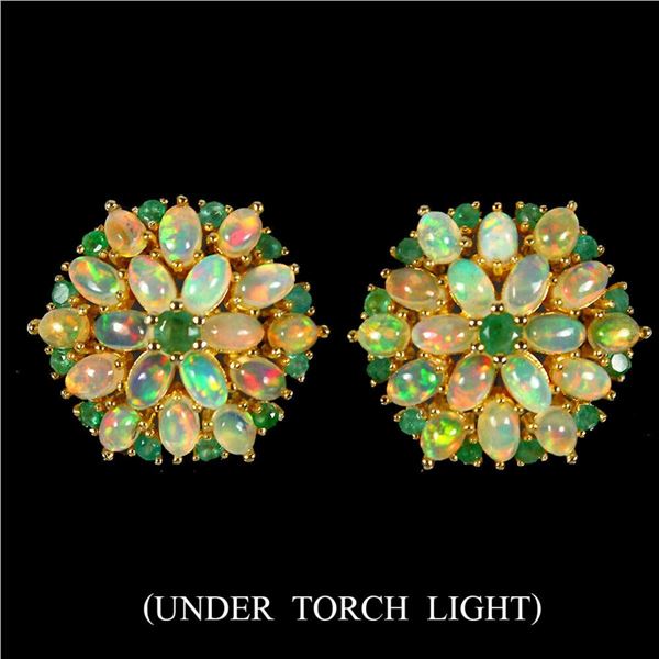 Natural Emerald, Untreated Ethopian White Opal Earrings