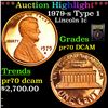 Image 1 : Proof ***Auction Highlight*** 1979-s Type 1 Lincoln Cent 1c Graded GEM++ Proof Deep Cameo BY USCG (f