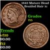 1843 Mature Head Braided Hair Large Cent 1c Grades f+