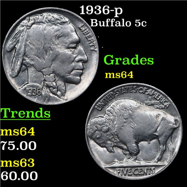 1936-p Buffalo Nickel 5c Grades Choice Unc