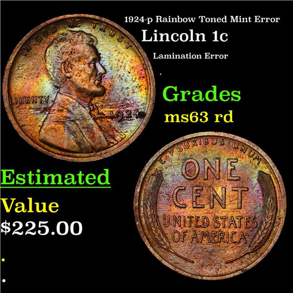 1924-p Lincoln Cent Rainbow Toned Mint Error 1c Grades Select Unc RD
