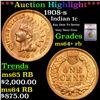 Image 1 : ***Auction Highlight*** 1908-s Indian Cent 1c Grades Choice+ Unc RB By SEGS (fc)