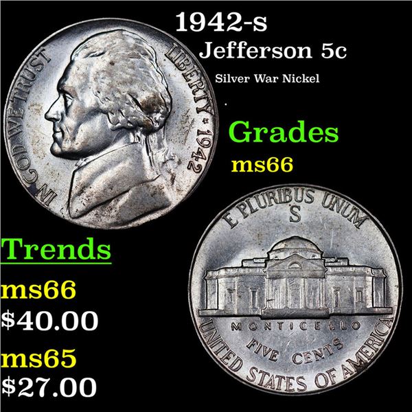 1942-s Jefferson Nickel 5c Grades GEM+ Unc