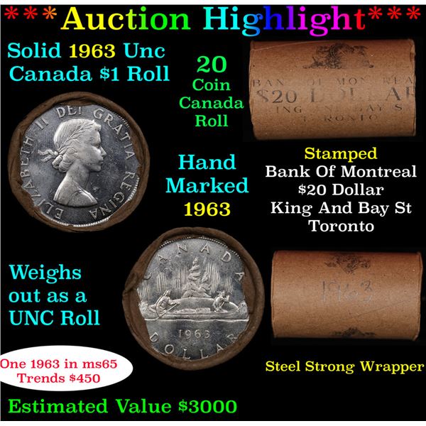***Auction Highlight*** Full Roll of Silver 1963 Canadian Dollar with Queen Elizabeth II, 20 Coins i