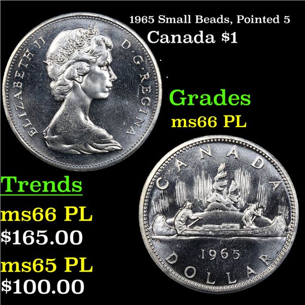 1965 Small Beads, Pointed 5 Canada Dollar $1 Grades GEM+ UNC PL