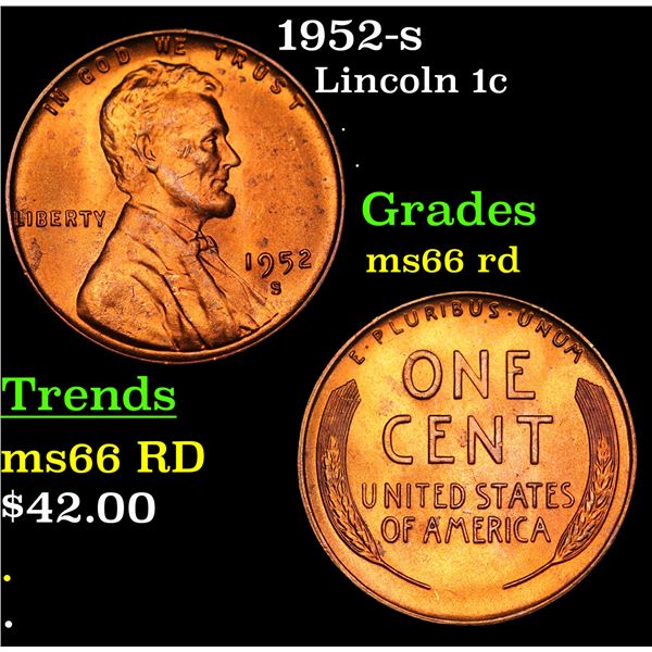 1952-s Lincoln Cent 1c Grades GEM+ Unc RD