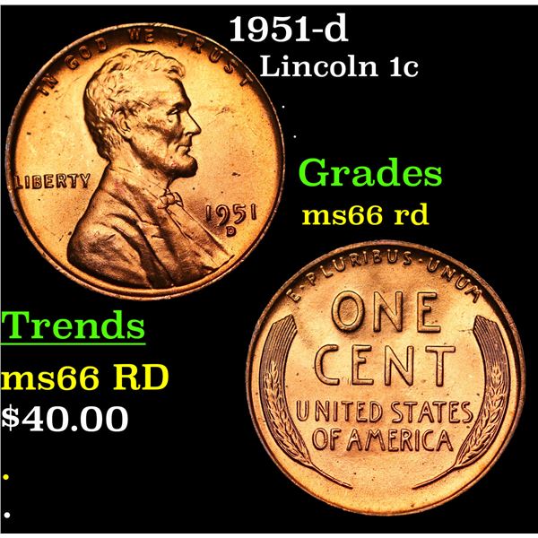 1951-d Lincoln Cent 1c Grades GEM+ Unc RD