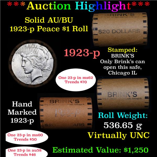 ***Auction Highlight*** Full solid date 1923-p Au/Bu Slider Peace silver dollar roll, 20 coins (fc)