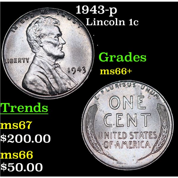 1943-p Lincoln Cent 1c Grades GEM++ Unc