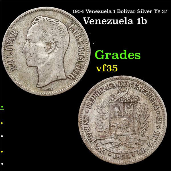 1954 Venezuela 1 Bolivar Silver Y# 37 Grades vf++
