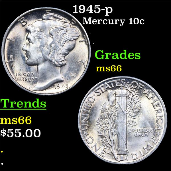 1945-p Mercury Dime 10c Grades GEM+ Unc