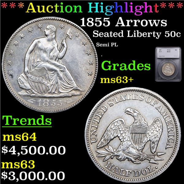 ***Auction Highlight*** 1855 Arrows Seated Half Dollar 50c Graded ms63+ BY SEGS (fc)