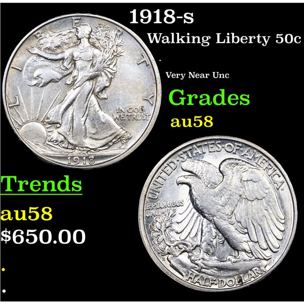 1918-s Walking Liberty Half Dollar 50c Graded au58 BY SEGS