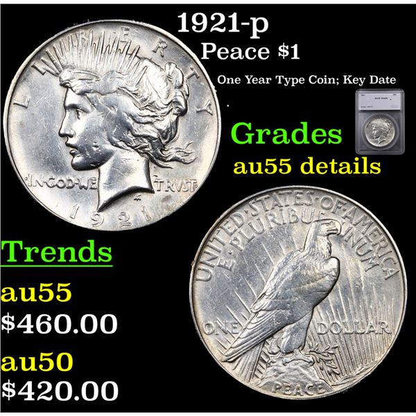 1921-p Peace Dollar $1 Graded au55 details BY SEGS