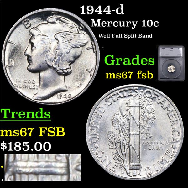 1944-d Mercury Dime 10c Graded ms67 fsb BY SEGS