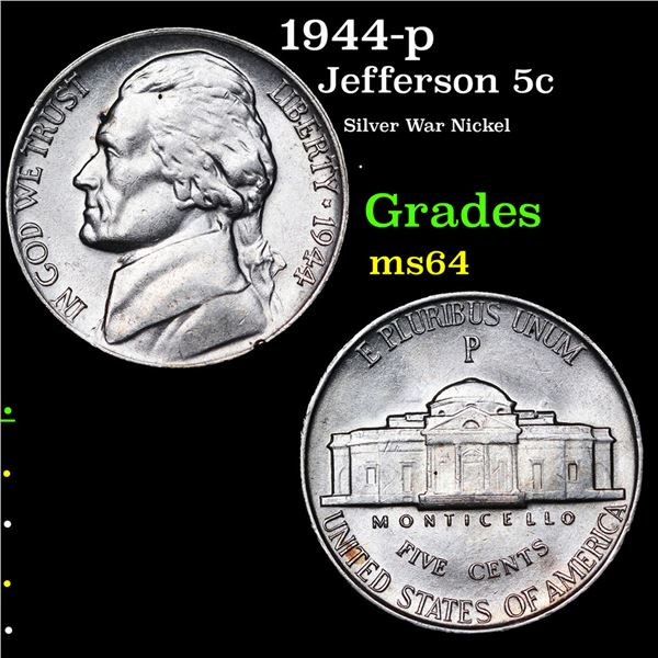 1944-p Jefferson Nickel 5c Grades Choice Unc