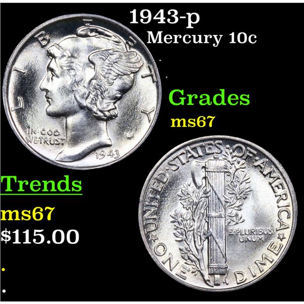 1943-p Mercury Dime 10c Grades GEM++ Unc