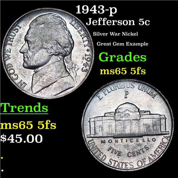 1943-p Jefferson Nickel 5c Grades GEM 5fs