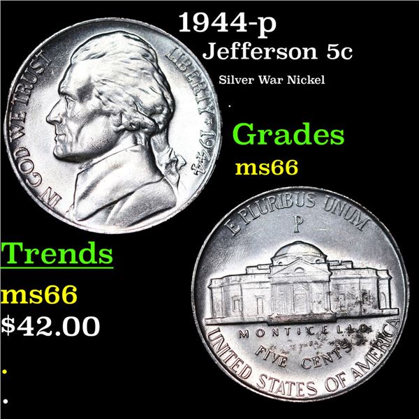 1944-p Jefferson Nickel 5c Grades GEM+ Unc