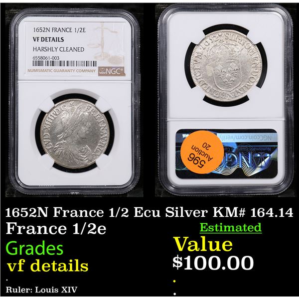 NGC 1652N France 1/2 Ecu Silver KM# 164.14 Graded vf details By NGC