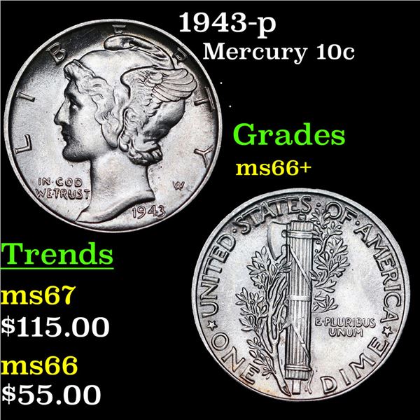 1943-p Mercury Dime 10c Grades GEM++ Unc