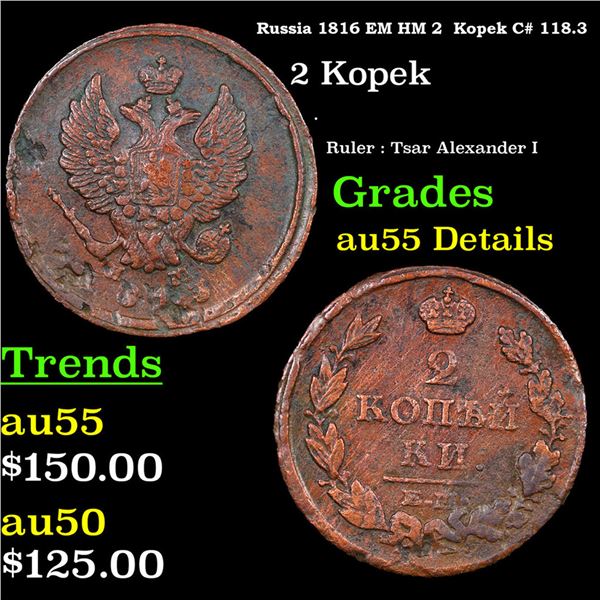 Russia 1816 EM HM 2  Kopek C# 118.3 Grades AU Details