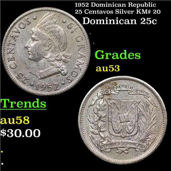 1952 Dominican Republic 25 Centavos Silver KM# 20 Grades Select AU