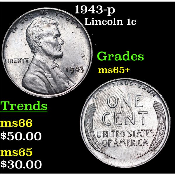 1943-p Lincoln Cent 1c Grades GEM+ Unc