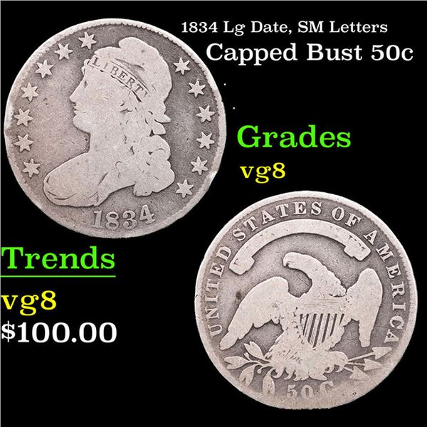 1834 Lg Date, SM Letters Capped Bust Half Dollar 50c Grades vg, very good