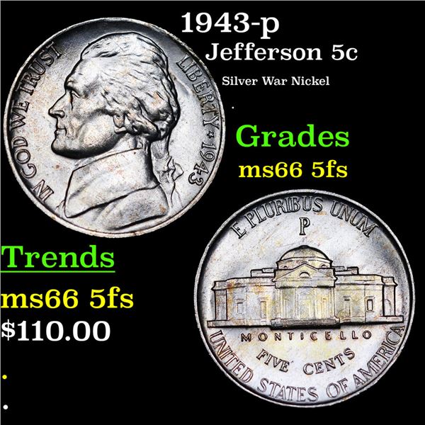 1943-p Jefferson Nickel 5c Grades GEM+ 5fs