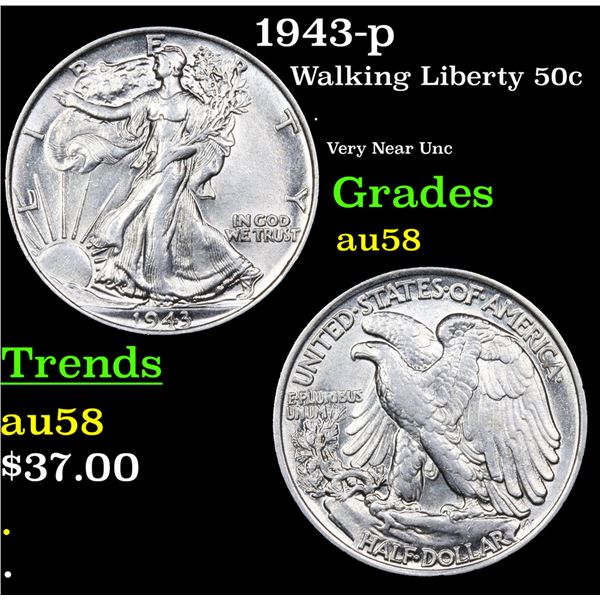 1943-p Walking Liberty Half Dollar 50c Grades Choice AU/BU Slider