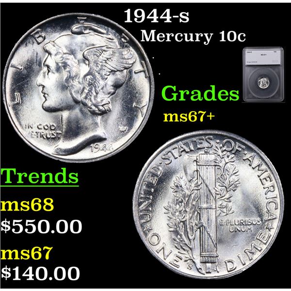 1944-s Mercury Dime 10c Graded ms67+ BY SEGS