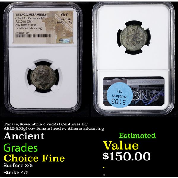 NGC Thrace, Mesambria c.2nd-1st Centuries BC AE20(6.53g) obv female head rv Athena advancing Graded 