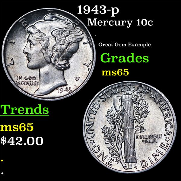 1943-p Mercury Dime 10c Grades GEM Unc