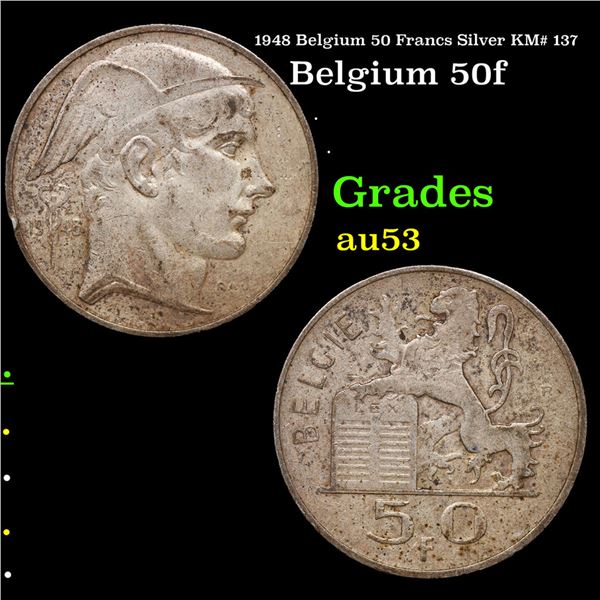 1948 Belgium 50 Francs Silver KM# 137 Grades Select AU