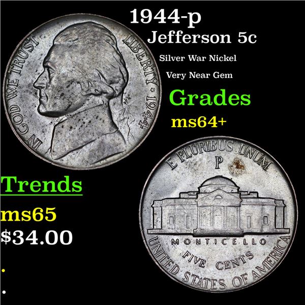 1944-p Jefferson Nickel 5c Grades Choice+ Unc