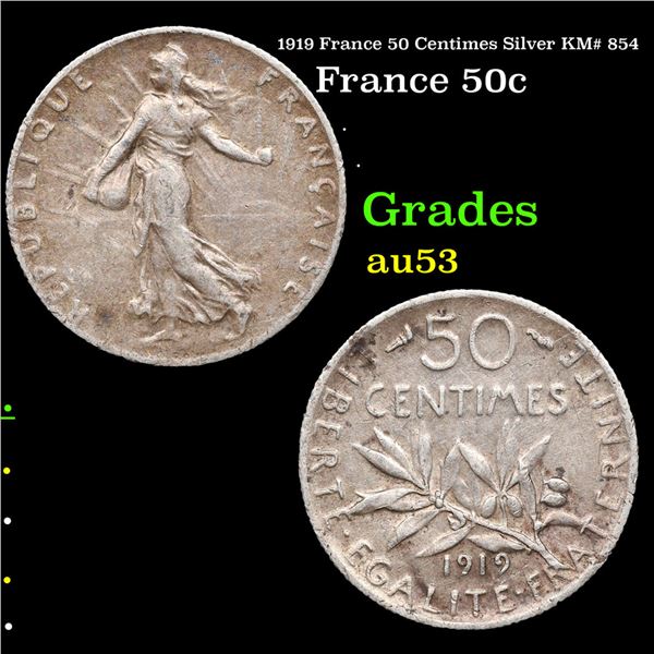 1919 France 50 Centimes Silver KM# 854 Grades Select AU