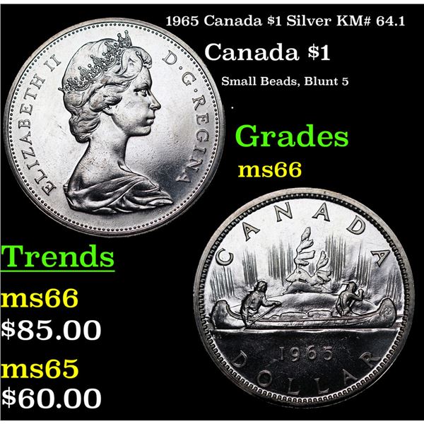 1965 Canada $1 Silver Canada Dollar KM# 64.1 $1 Grades GEM+ Unc