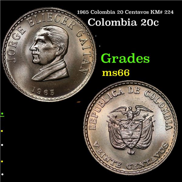 1965 Colombia 20 Centavos KM# 224 Grades GEM+ Unc