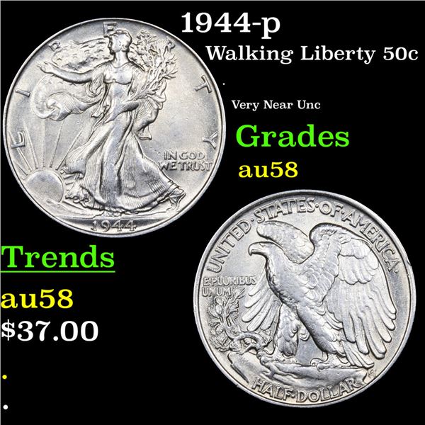 1944-p Walking Liberty Half Dollar 50c Grades Choice AU/BU Slider