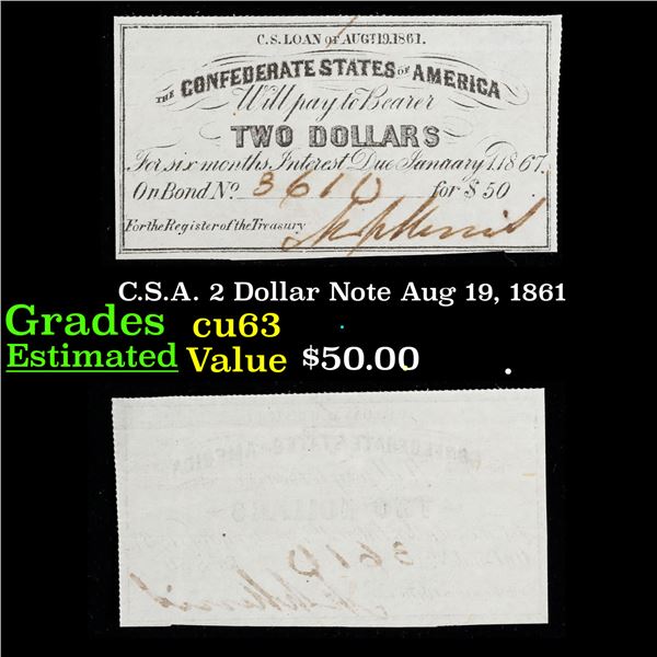 C.S.A. 2 Dollar Note Aug 19, 1861 Grades Select CU