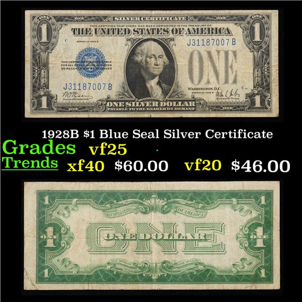 1928B $1 Blue Seal Silver Certificate Grades vf+