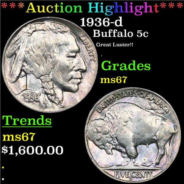 ***Auction Highlight*** 1936-d Buffalo Nickel 5c Graded ms67 BY SEGS (fc)