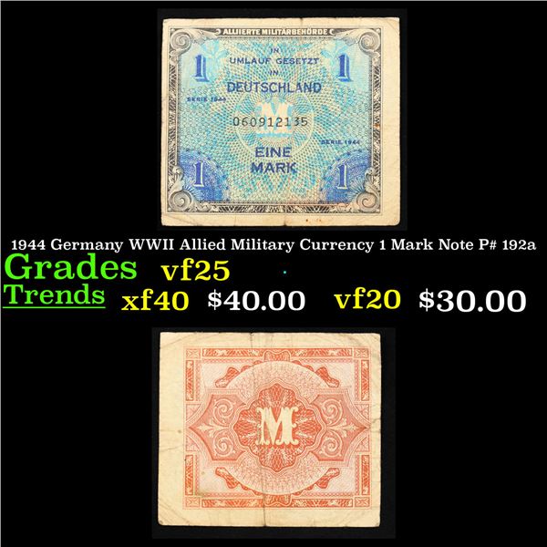 1944 Germany WWII Allied Military Currency 1 Mark Note P# 192a Grades vf+