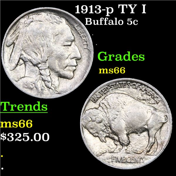 1913-p TY I Buffalo Nickel 5c Grades GEM+ Unc