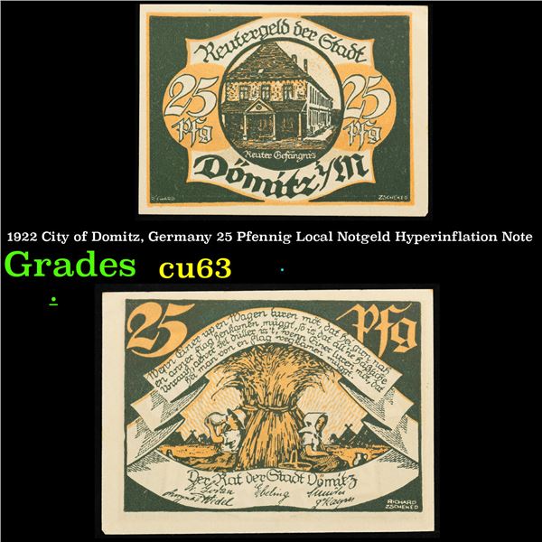 1922 City of Domitz, Germany 25 Pfennig Local Notgeld Hyperinflation Note Grades Select CU