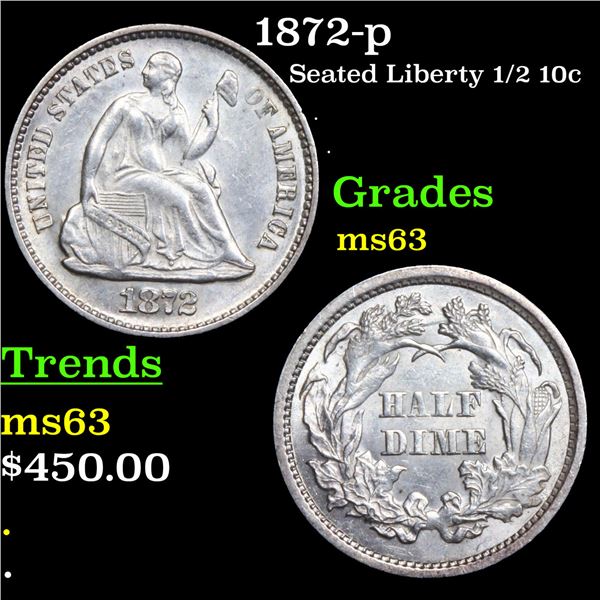1872-p Seated Liberty Half Dime 1/2 10c Grades Select Unc