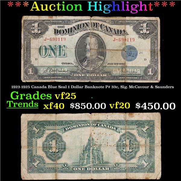 ***Auction Highlight*** 1923-1925 Canada Blue Seal 1 Dollar Banknote P# 33c, Sig. McCavour & Saunder